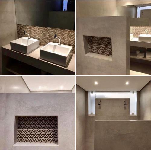 four different views of a bathroom with a sink at Flat Camburi in Camburi