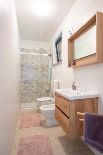 a bathroom with a toilet and a sink and a shower at Apartments Villa Rosa in Rovinj