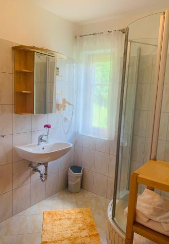 a bathroom with a sink and a shower at Apartments Grabenmühle in Maria Lankowitz