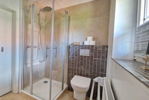 een badkamer met een toilet en een glazen douche bij Ferienhaus im Moor in Wiesmoor