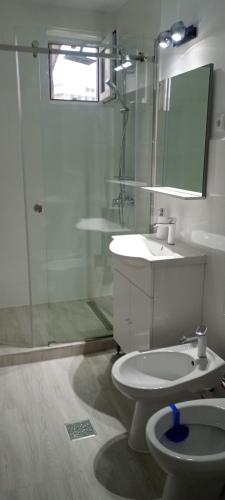 a bathroom with a shower and a toilet and a sink at Apartament Pro Confort in Tulcea