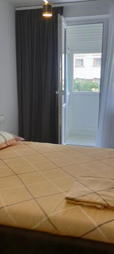 een bed in een kamer met een raam en een deur bij Apartament Central in Tulcea