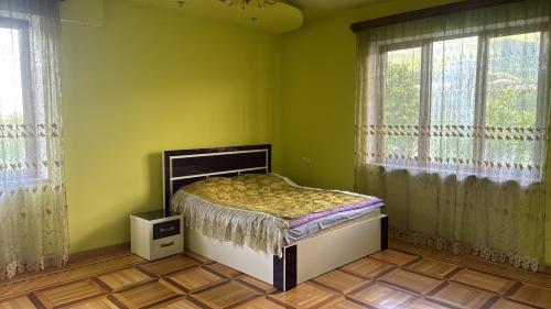 1 dormitorio con 1 cama en una habitación con paredes verdes en Nice House, en Ijevan