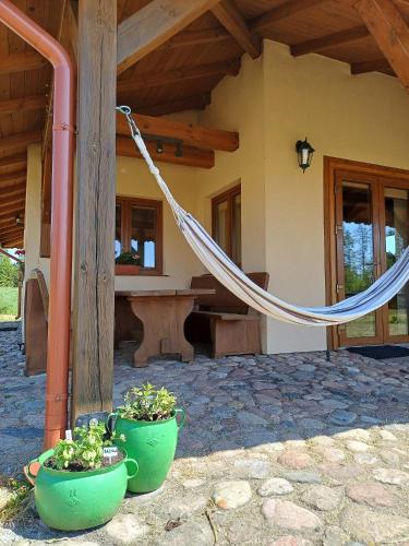 a house with two green pots and a hammock at Szwałk Borecka - z sauną i balią, nad jeziorem in Szwalk
