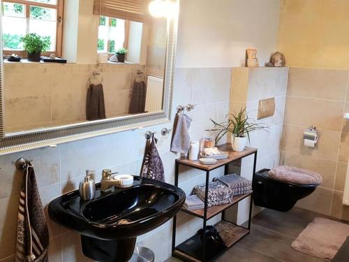 a bathroom with a black sink and a toilet at Appealing apartment in Wilhelmsthal in Wilhelmsthal