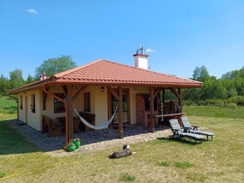 cenador con hamaca frente a una casa en Szwałk Borecka - z sauną i banią, nad jeziorem, en Szwalk