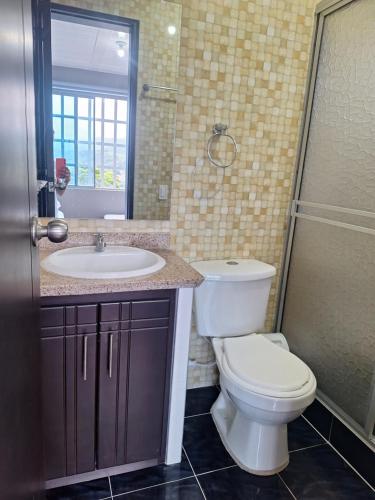 a bathroom with a toilet and a sink and a shower at Casa de descanso urbana in Villeta