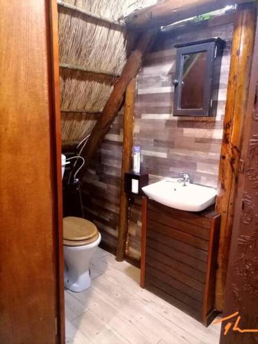 a bathroom with a toilet and a sink at Sweet Melody Tree House in Gaborone