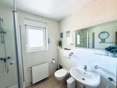 uma casa de banho com um lavatório, um WC e um chuveiro em Villa Osipovica em Medulin