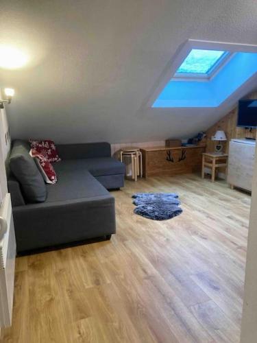 un salon avec un canapé et une fenêtre dans l'établissement T2 pour 4 pers style chalet pied des pistes, à Bolquère-Pyrénées 2000