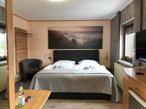 a bedroom with a bed and a desk and a tv at Pension 19 in Pirna