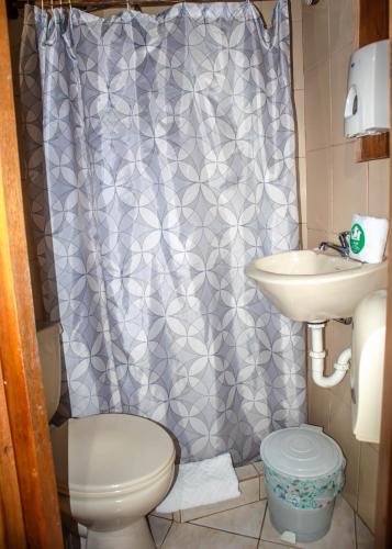 a bathroom with a shower curtain and a toilet and a sink at La Casa de Cecilia Mindo in Mindo