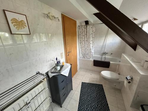 ein Bad mit einem Waschbecken und einem WC in der Unterkunft Ferienwohnung Sprejnik - Residenz Sonnenhübel in Großschönau