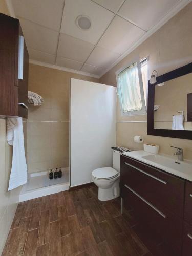 a bathroom with a toilet and a sink and a shower at Casa Verna Jacuzzi y Barbacoa in Murcia