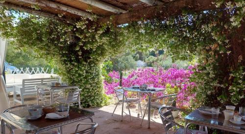 an outdoor patio with tables and chairs and an ivy wall at Villa Agnese in Badesi