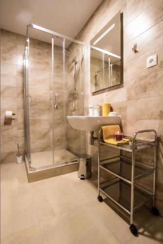 ein Badezimmer mit Waschbecken und Dusche in der Unterkunft Jáchymov STARt point no 41 - Rezidence K Lanovce in Jáchymov