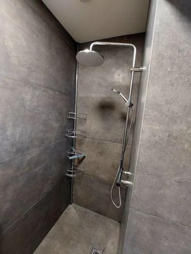 une douche avec une porte vitrée dans une salle de bain dans l'établissement Appartement 120m2 dans maison de maître, à Pietracorbara