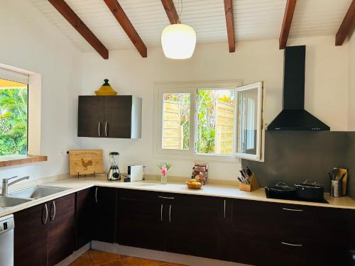 a kitchen with black cabinets and a sink and windows at Carré Vert Guadeloupe Villa Privée Piscine in Gourbeyre