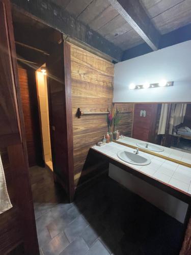 uma casa de banho com um lavatório e um espelho em Perla Negra Beachfront em Puerto Viejo