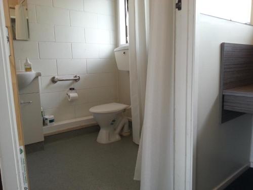 a bathroom with a toilet and a shower curtain at Orana Motor Inn & Restaurant in Kaitaia