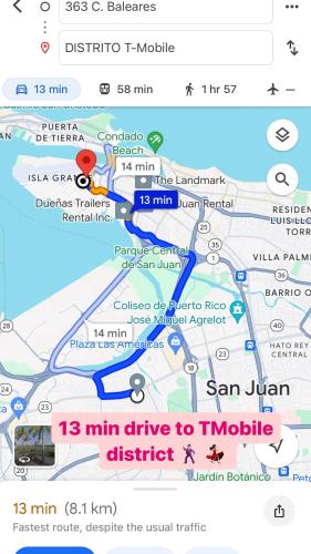 a map with the number min drive to tijuana at Urban Tropical Oasis in San Juan in San Juan