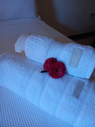 a rolled up towel with a rose on a bed at Suítes Mathias flat 104 in Conservatória