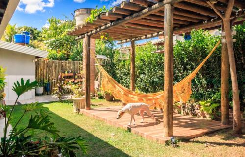 a dog walking in a backyard with a hammock at Casa temporada Condomínio Clube, até 10 pessoas. in Caldas Novas
