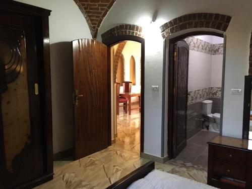 a bedroom with a large mirror in a room at Garden view guest house in Luxor