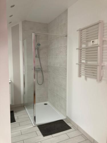 a shower with a glass door in a bathroom at Du coté de chez Swann in Puiseaux