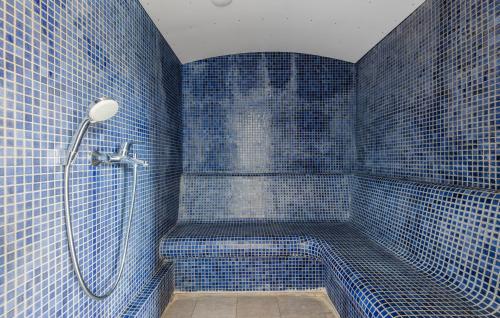 ブラーバンドにあるLovely Home In Blvand With Saunaの青いタイル張りのバスルーム(バスタブ、シャワー付)