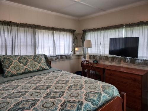 a bedroom with a bed and a desk and a television at Serenity Motel in Shaftsbury