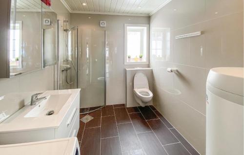 y baño con aseo, lavabo y ducha. en 4 Bedroom Awesome Home In Rauland, en Rauland
