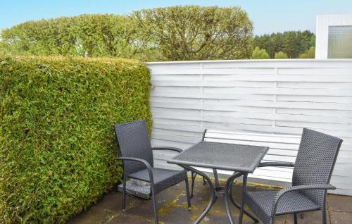 zwei Stühle und ein Tisch vor einer Hecke in der Unterkunft 3 Bedroom Amazing Home In Sölvesborg in Sölvesborg