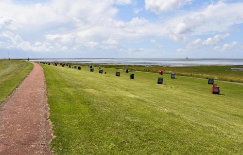 a grassy field with a path next to the ocean at Stunning Home In Friedrichskoog in Friedrichskoog