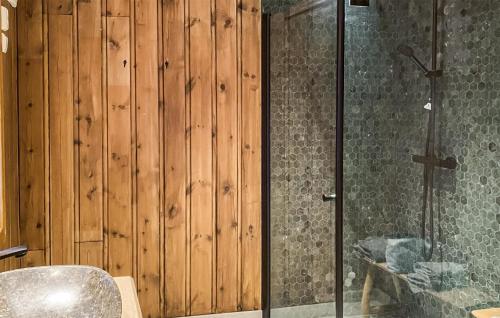 a bathroom with a shower and a wooden wall at Amazing Home In Tuddal With Sauna in Tuddal
