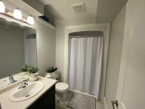 Un baño con lavabo, inodoro y ducha. en Calm & Cozy 2 Queen Bedroom Suite, en Niagara Falls