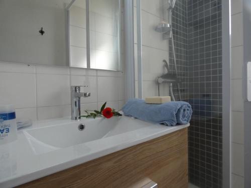 La salle de bains est pourvue d'un lavabo blanc avec une fleur. dans l'établissement Appartement familial à 50m de la plage - 2 chambres, balcon, animaux acceptés, parking privatif - FR-1-540-291, à Notre-Dame-de-Monts
