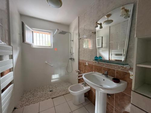 une salle de bain avec un lavabo, des toilettes et un miroir dans l'établissement Maison T3 à Arcachon, proche plage et centre, 2 chambres, terrasse avec BBQ - FR-1-319-551, à Arcachon