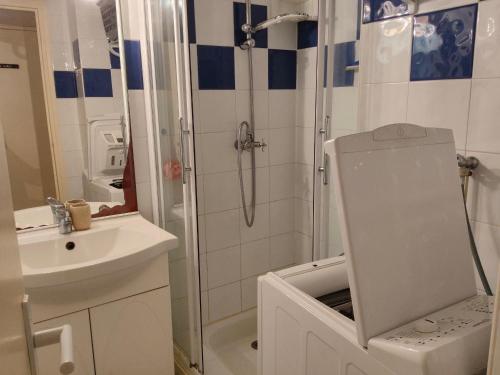 une salle de bain avec une douche, des toilettes et un lavabo dans l'établissement Studio climatisé avec Jardinet, Piscine et Parking à 500m de la Plage - FR-1-776-96, à Argelès-sur-Mer