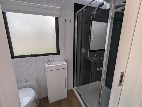 a small bathroom with a toilet and a shower at Tiny House 3 at Grampians Edge in Dadswells Bridge