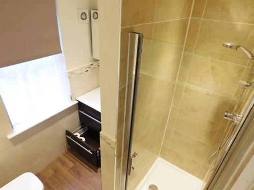 een douche met een glazen deur in de badkamer bij Stay Norwich Apartments Pottergate in Norwich