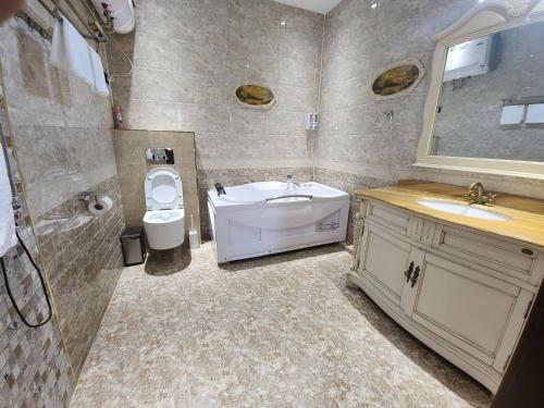 a bathroom with a sink and a tub and a toilet at HOTEL DEHLAVI o in Dushanbe