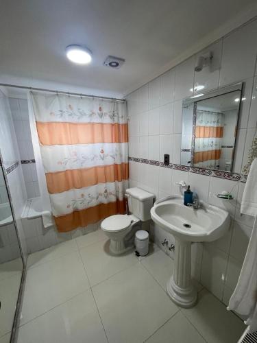 a bathroom with a toilet and a sink at Hostal Español Coyhaique in Coihaique