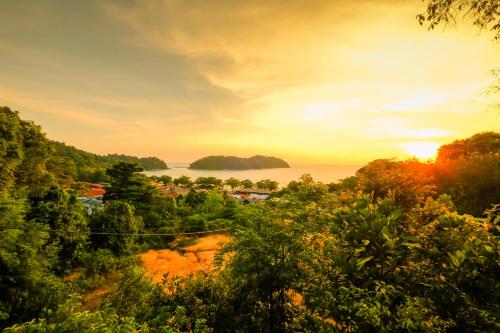 a view of the ocean from a hill with trees at Woodcookies Guesthouse in Pangkor