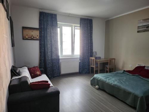 sypialnia z łóżkiem, kanapą i oknem w obiekcie Apartment 4kk, centrum 15m walk w mieście Moravská Ostrava