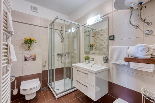 La salle de bains est pourvue d'une douche, de toilettes et d'un lavabo. dans l'établissement Portalbona Apartments - Apartment 6, à Rabac