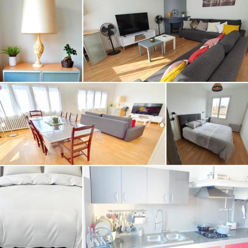 un collage de photos d'un salon et d'une cuisine dans l'établissement Séjour Perpignan à 20 minutes de l'Espagne avec petit-déjeuner à la demande à Les Lumineuses du Palais des Rois de Majorque, à Perpignan