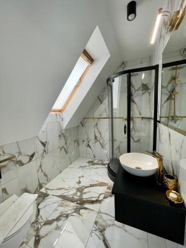 a bathroom with a sink and a glass shower at Apartamenty-Baltivia in Hel