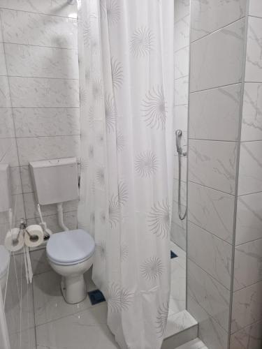 a bathroom with a toilet and a shower curtain at Apartman Nena Užice 2 in Užice