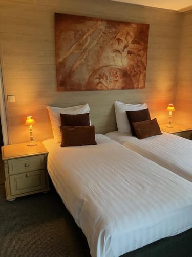 Maison des Ardennes في Maissin: سريرين في غرفة الفندق مع مصباحين